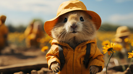 A small animal wearing a yellow hat . Create a captivaの素材