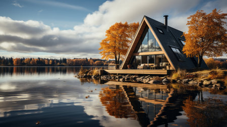 A small wooden house sitting on top of a body of water. Generative AI.の素材