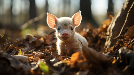 A small pig in the woods. Generative AI.の素材