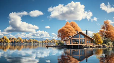 A small wooden house sitting on top of a body of water. Generative AI.の素材