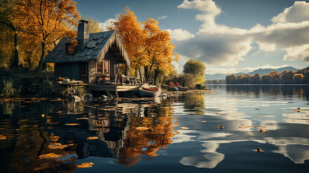 A small wooden house sitting on top of a body of water. Generative AI.の素材