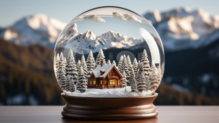 A snow globe with a house and trees inside. Generative AI.の素材