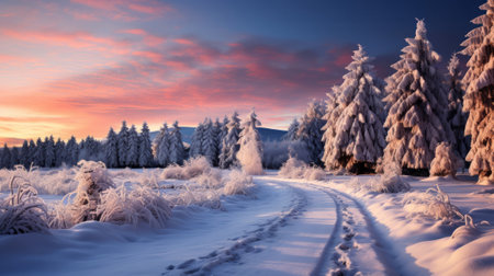 A snowy road with trees and a colorful sky. Generative AI.の素材