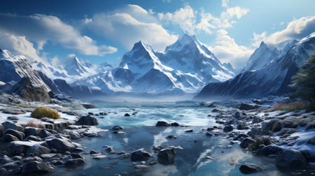 A snowy landscape with tall rocks and mountains. Generative AI.の素材