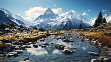 A snowy landscape with tall rocks and mountains. Generative AI.の素材