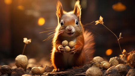A squirrel holding a nut in its mouth. Generative AI.の素材