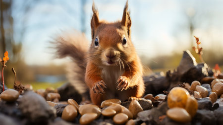 A squirrel holding a nut in its mouth. Generative AI.の素材