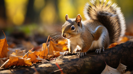 A squirrel standing on leaves. Generative AI.の素材
