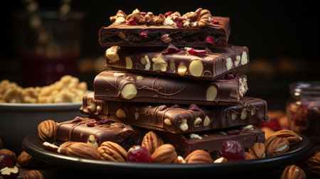 A stack of chocolate bars with nuts close-up . Createの素材