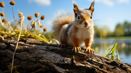A squirrel standing on a log. Generative AI.の素材