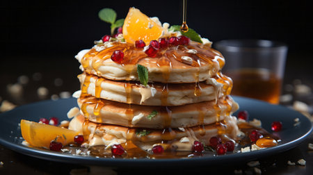 A stack of pancakes with fish toppings on top. Generative AI.の素材