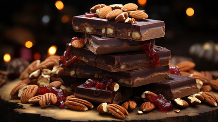 A stack of chocolate bars with nuts close-up. Generative AI.の素材