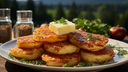 A stack of potato pancakes with butter on top close-up. Generative AI.の素材