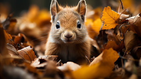 A squirrel standing on leaves. Generative AI.の素材