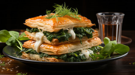 A stack of puff pastry with spinach. Generative AI.の素材