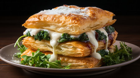 A stack of puff pastry with spinach . Create a captivaの素材
