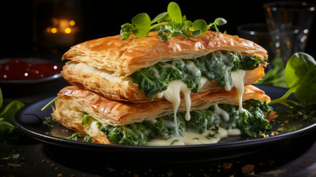 A stack of puff pastry with spinach. Generative AI.の素材