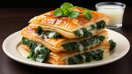 A stack of puff pastry with spinach. Generative AI.の素材