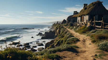 A stone building on a cliff by the ocean. Generative AI.の素材
