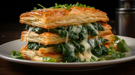 A stack of puff pastry with spinach . Create a captivaの素材