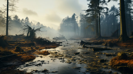 A swamp with trees and fog . Create a captivating 8k Hの素材