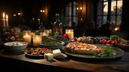 A table with food and candles . 8k ultra realistic. coの素材