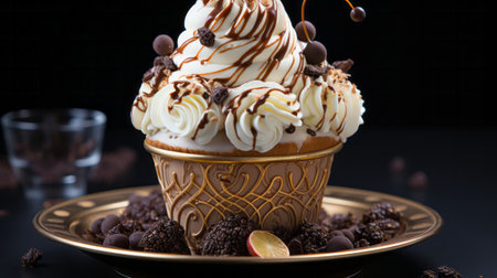 A swirly ice cream cone with chocolate balls. Generative AI.の素材