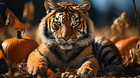 A tiger sitting next to a pumpkin . Create a captivatiの素材