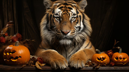 A tiger sitting next to a pumpkin. Generative AI.の素材