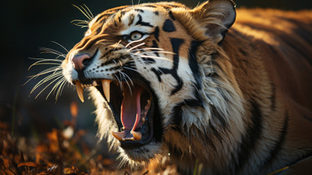 A tiger with its mouth open. Generative AI.の素材