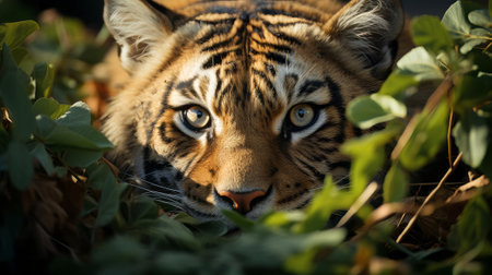 A tiger hiding in the bushes. Generative AI.の素材