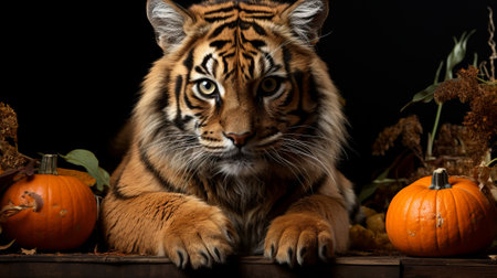 A tiger sitting next to a pumpkin. Generative AI.の素材