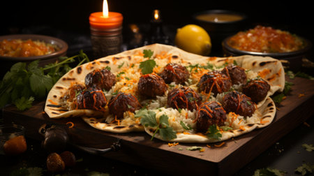 A tortilla with meatballs and rice on a wooden surfaceの素材
