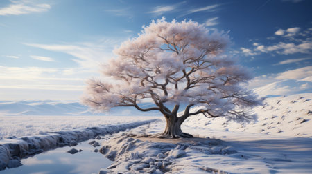 A tree in a snowy field. Generative AI.の素材
