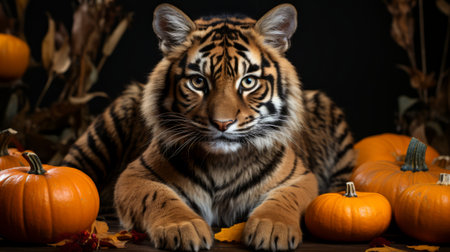 A tiger sitting next to a pumpkin . 8k ultra realisticの素材