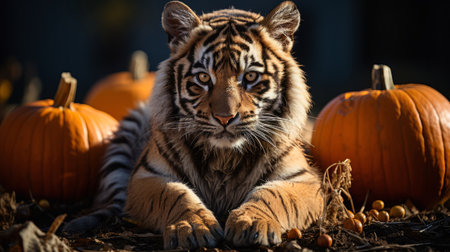 A tiger sitting next to a pumpkin. Generative AI.の素材