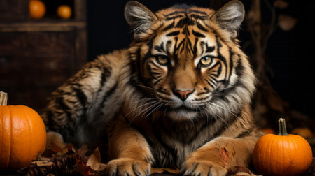 A tiger sitting next to a pumpkin. Generative AI.の素材