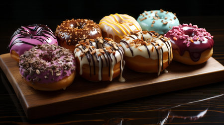 A tray of donuts on a wood surface. Generative AI.の素材
