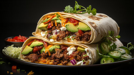 A tortilla wrap with meat and vegetables close-up. Generative AI.の素材