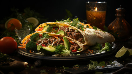 A tortilla with meat and vegetables on a plate. Generative AI.の素材