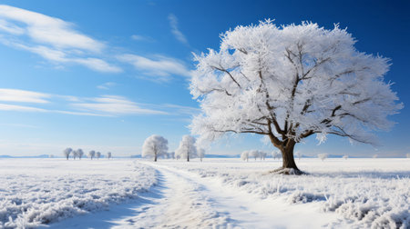A tree in a snowy field. Generative AI.の素材