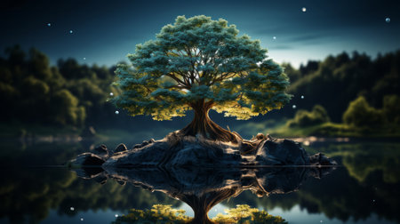 A tree with a bright light shining on it. Generative AI.の素材