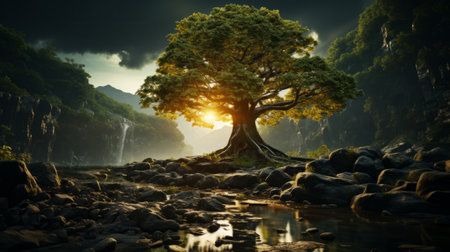 A tree with a bright light shining on it. Generative AI.の素材