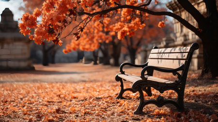 A tree with orange leaves and a bench in the background. Generative AI.の素材