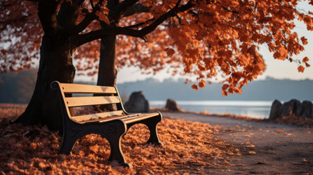 A tree with orange leaves and a bench in the background. Generative AI.の素材