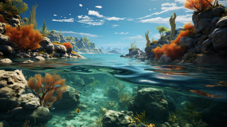 A tropical island with corals and trees. Generative AI.の素材