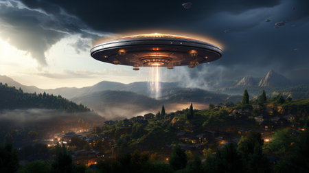 A ufo in the sky over a city. Generative AI.の素材