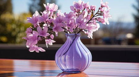 A vase with purple flowers . Create a captivating 8k Hの素材