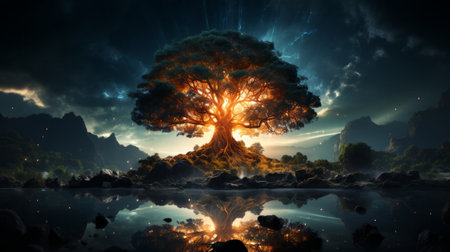A tree with a glowing center. Generative AI.の素材