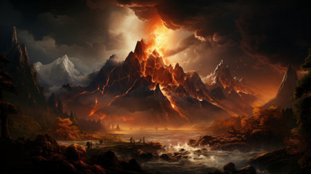 A volcano erupting with lava. Generative AI.の素材